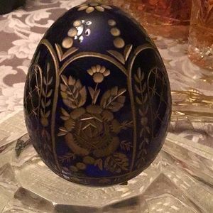 COBALT BLUE “RUSSIAN GLASS EGG” with gold etched flowers
